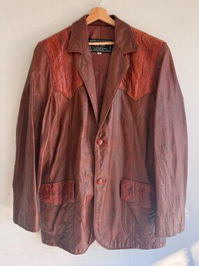 Vintage 1970s Texas Leather Western Blazer Eel Skin Accent Jacket Size 50
